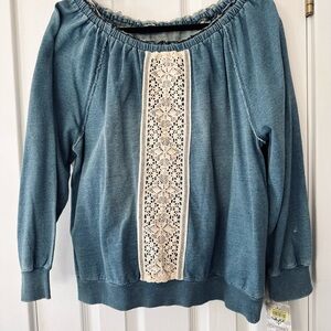 NWT Blue Peasant Off-Shoulder Cottagecore Sweatshirt with Lace Detail Size L
